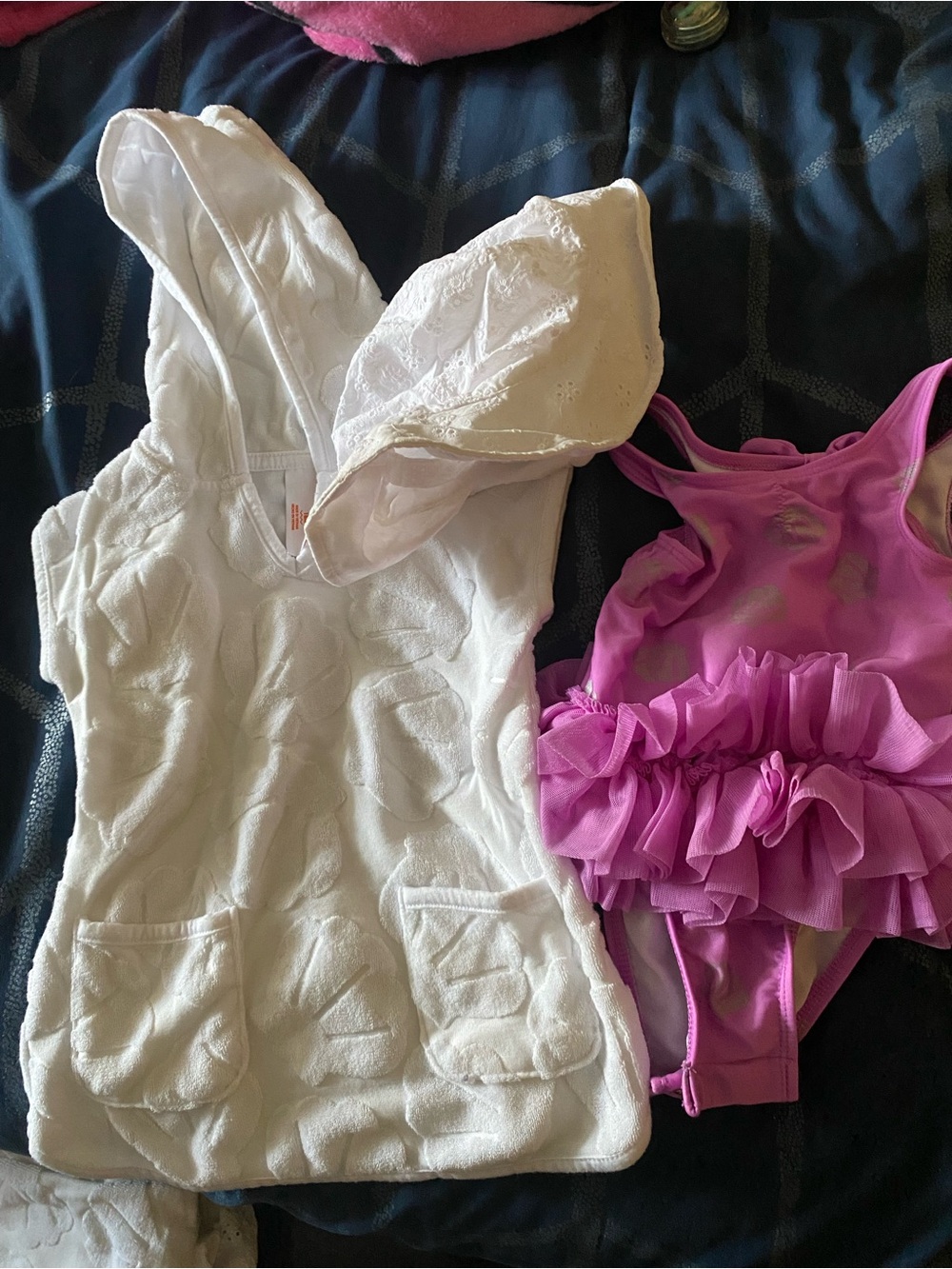 Cat & Jack White Hooded Towel Cover-Up and Pink Ruffled One-Piece Swimsuit bundl